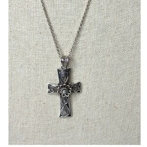 DGS Turkey Religious Cross Ornate Crucifix Sterling Silver Necklace 25"